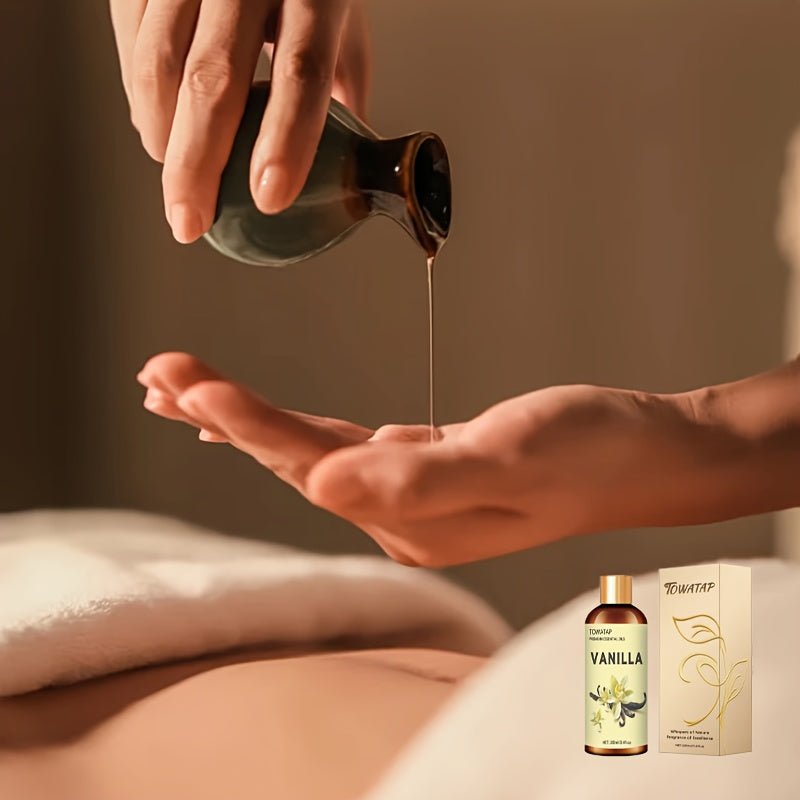 TOWATAP Vanilla Essential Oil 100ml/3.4fl.oz - Plant Extracted Moisturizing & Nourishing Oil for Dry Light Beige, Long-Lasting Fragrance, Suitable for Face & Body, Massage, Shower, Humidifier, Candle Making, All Light Beige T