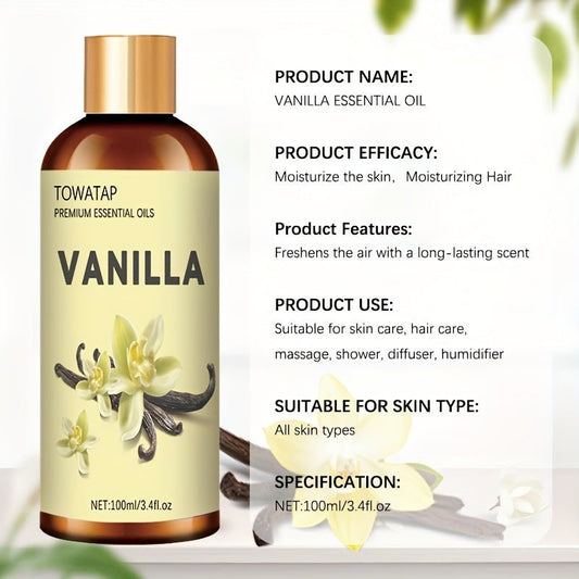 TOWATAP Vanilla Essential Oil 100ml/3.4fl.oz - Plant Extracted Moisturizing & Nourishing Oil for Dry Light Beige, Long-Lasting Fragrance, Suitable for Face & Body, Massage, Shower, Humidifier, Candle Making, All Light Beige T