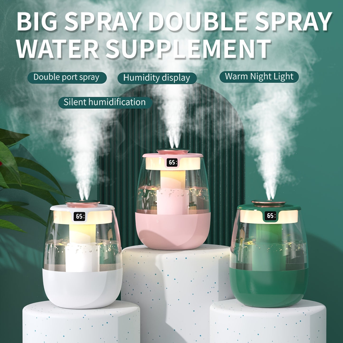 1pc Whisper Quiet Ultrasonic Humidifier with Warm Night Light, Large Capacity USB Portable Tabletop Mist Maker for Bedroom Office, Double Spray, Water Level Display, Key Control, Up to 84.54oz Tank, <10m² Coverage, 10.14oz/h