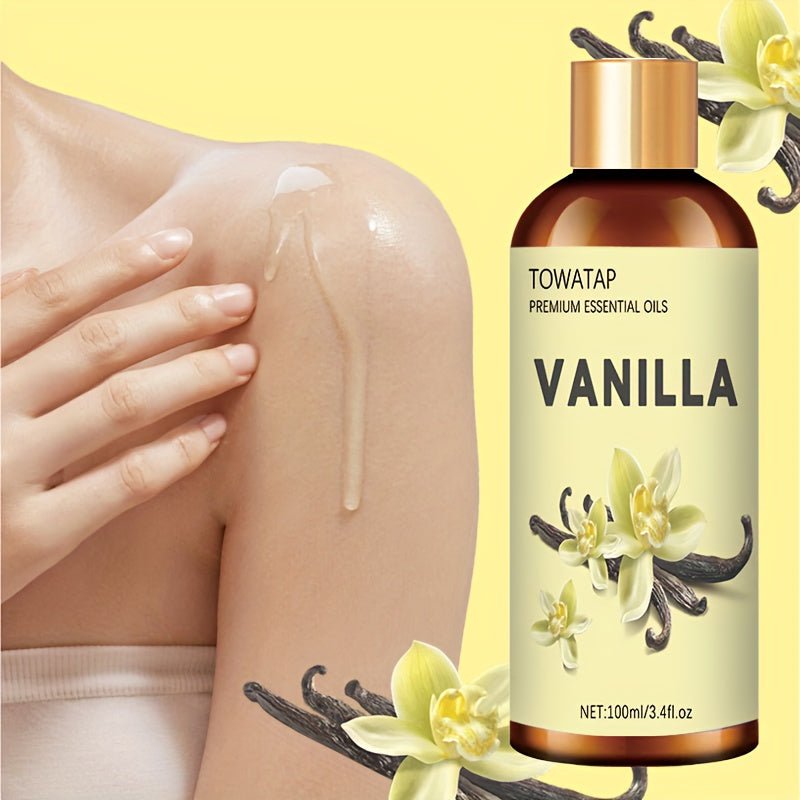 TOWATAP Vanilla Essential Oil 100ml/3.4fl.oz - Plant Extracted Moisturizing & Nourishing Oil for Dry Light Beige, Long-Lasting Fragrance, Suitable for Face & Body, Massage, Shower, Humidifier, Candle Making, All Light Beige T