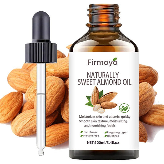 FIRMOYO 100ml/3.38fl.oz Sweet Almond Essential Oil - Pure, Non-Greasy Fast-Absorbing Moisturizer for Face, Body, Hair, Nails - Hydrating Light Beige & Hair Care with Dropper Cap - Suitable for All Light Beige Types, Men & Wom