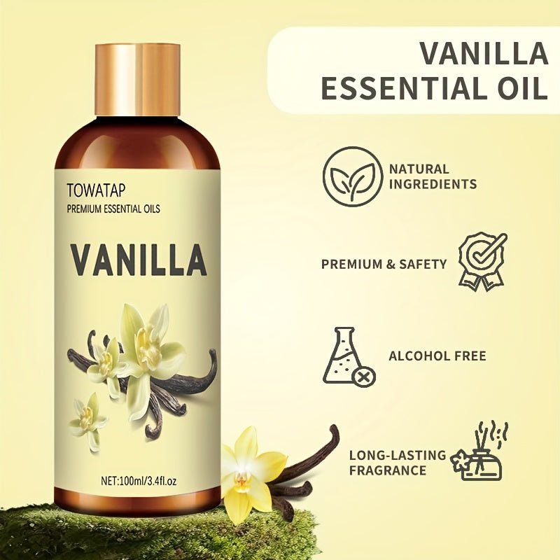 TOWATAP Vanilla Essential Oil 100ml/3.4fl.oz - Plant Extracted Moisturizing & Nourishing Oil for Dry Light Beige, Long-Lasting Fragrance, Suitable for Face & Body, Massage, Shower, Humidifier, Candle Making, All Light Beige T