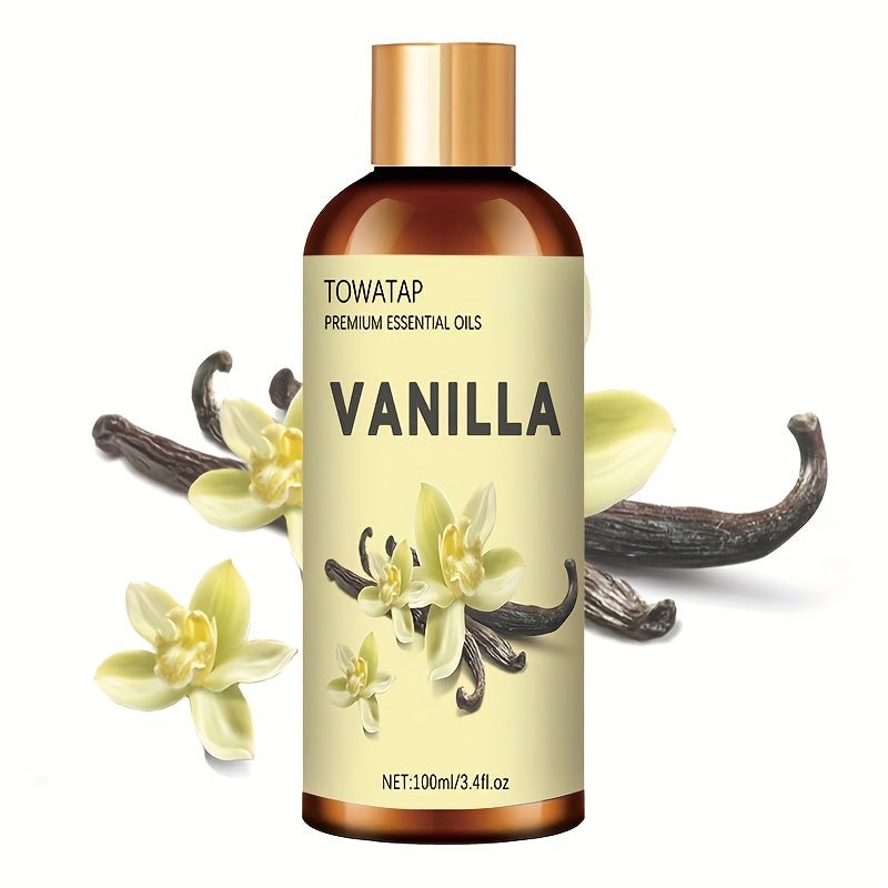 TOWATAP Vanilla Essential Oil 100ml/3.4fl.oz - Plant Extracted Moisturizing & Nourishing Oil for Dry Light Beige, Long-Lasting Fragrance, Suitable for Face & Body, Massage, Shower, Humidifier, Candle Making, All Light Beige T