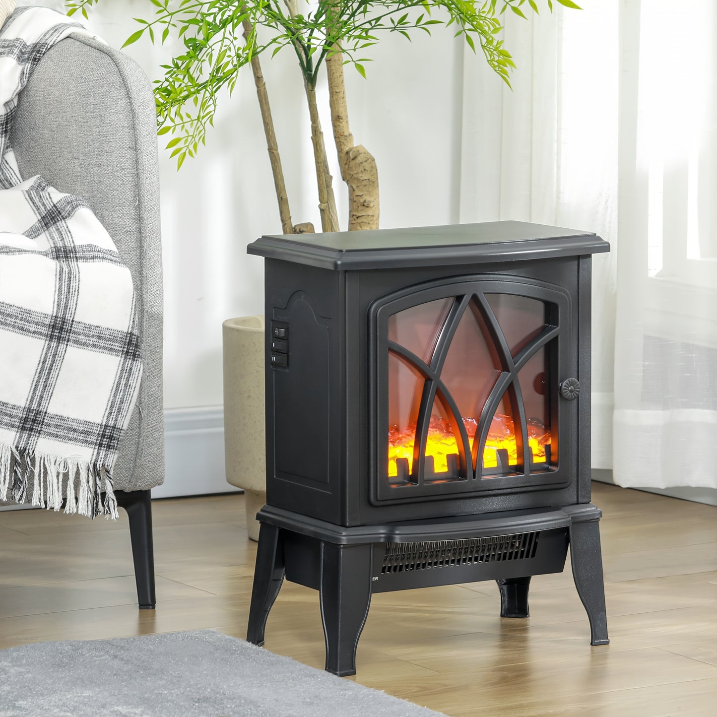[Realistic Flame] HOMCOM Portable Electric Fireplace - 18" Freestanding Heater with Realistic Flame, Adjustable Power (750W/1500W) and Overheat Protection - Black