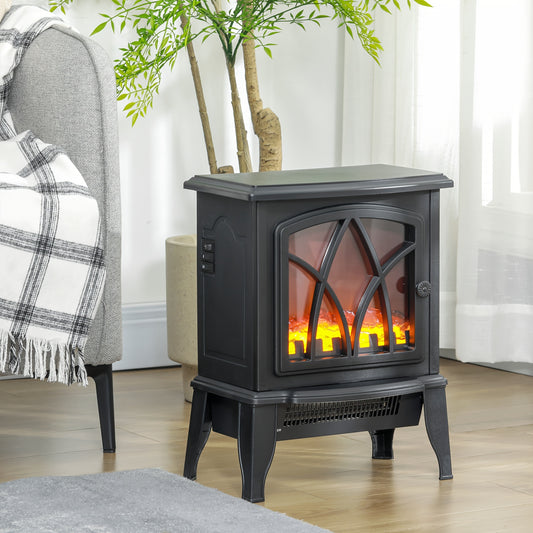 [Realistic Flame] HOMCOM Portable Electric Fireplace - 18" Freestanding Heater with Realistic Flame, Adjustable Power (750W/1500W) and Overheat Protection - Black