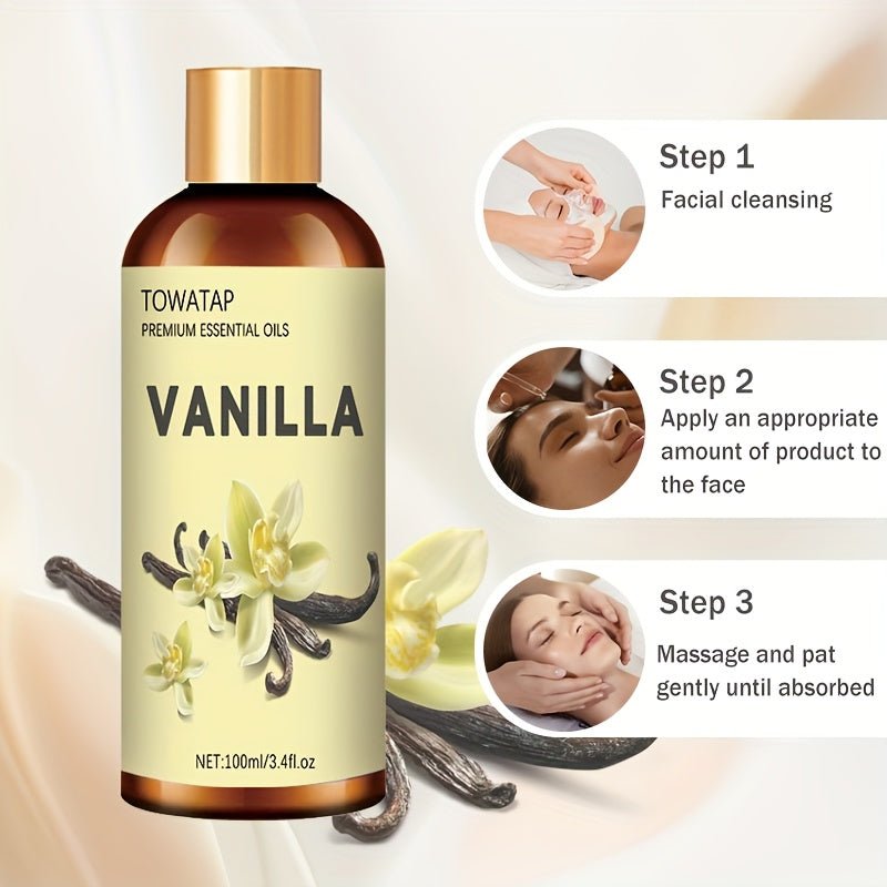 TOWATAP Vanilla Essential Oil 100ml/3.4fl.oz - Plant Extracted Moisturizing & Nourishing Oil for Dry Light Beige, Long-Lasting Fragrance, Suitable for Face & Body, Massage, Shower, Humidifier, Candle Making, All Light Beige T