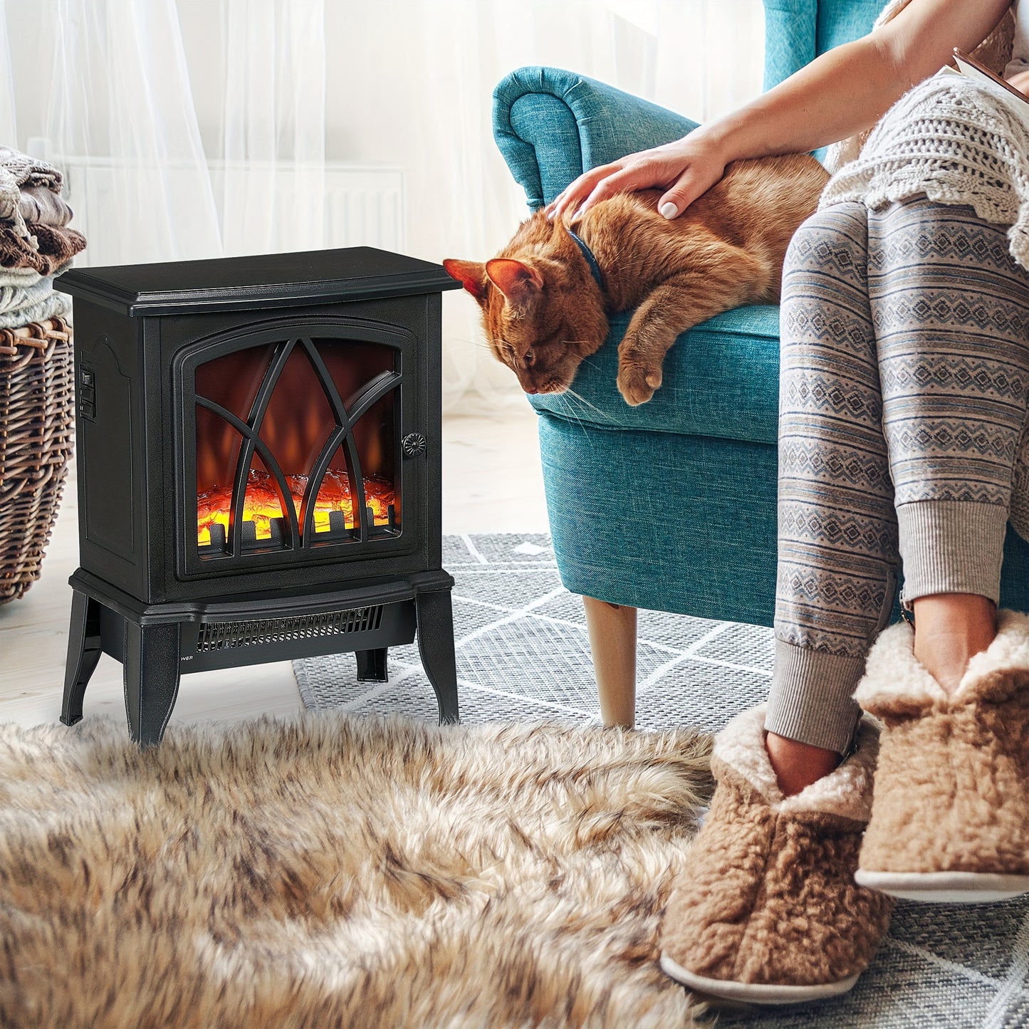 [Realistic Flame] HOMCOM Portable Electric Fireplace - 18" Freestanding Heater with Realistic Flame, Adjustable Power (750W/1500W) and Overheat Protection - Black