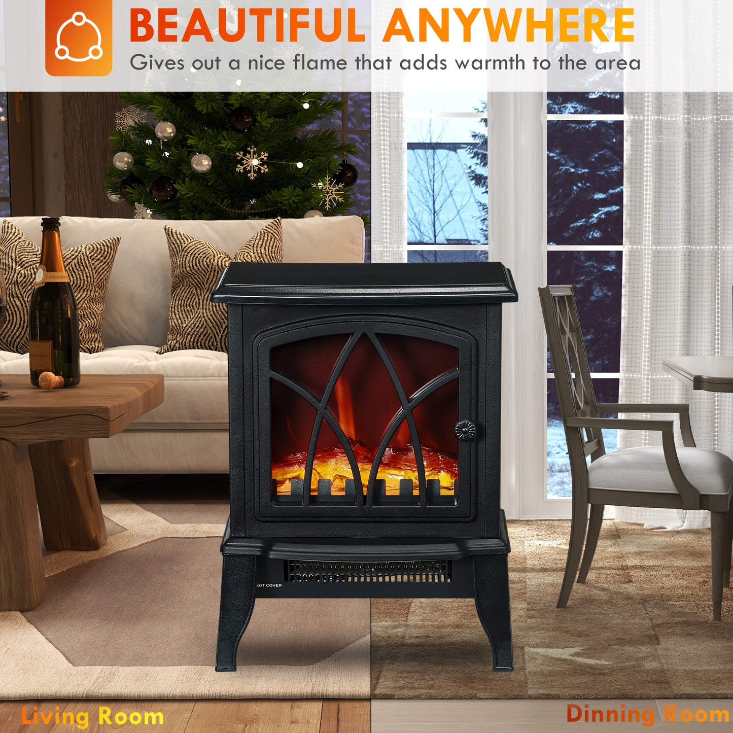 [Realistic Flame] HOMCOM Portable Electric Fireplace - 18" Freestanding Heater with Realistic Flame, Adjustable Power (750W/1500W) and Overheat Protection - Black