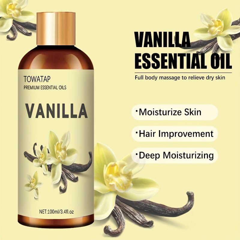 TOWATAP Vanilla Essential Oil 100ml/3.4fl.oz - Plant Extracted Moisturizing & Nourishing Oil for Dry Light Beige, Long-Lasting Fragrance, Suitable for Face & Body, Massage, Shower, Humidifier, Candle Making, All Light Beige T