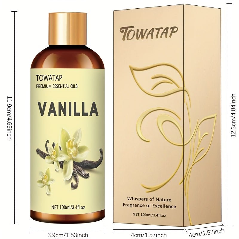 TOWATAP Vanilla Essential Oil 100ml/3.4fl.oz - Plant Extracted Moisturizing & Nourishing Oil for Dry Light Beige, Long-Lasting Fragrance, Suitable for Face & Body, Massage, Shower, Humidifier, Candle Making, All Light Beige T