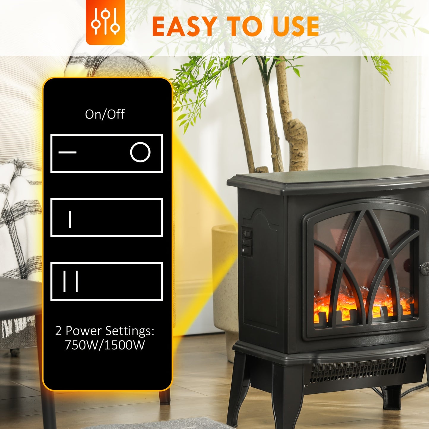[Realistic Flame] HOMCOM Portable Electric Fireplace - 18" Freestanding Heater with Realistic Flame, Adjustable Power (750W/1500W) and Overheat Protection - Black