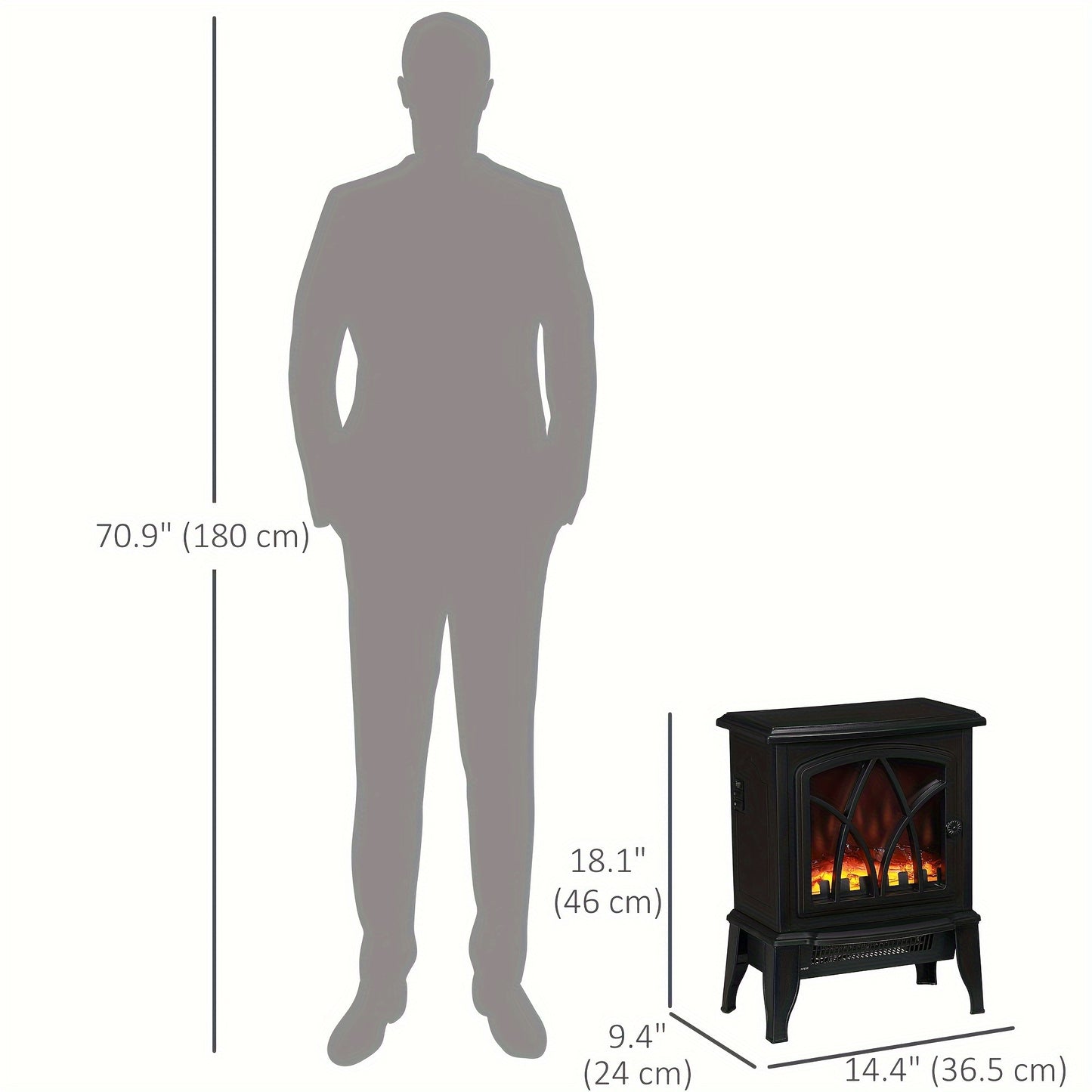 [Realistic Flame] HOMCOM Portable Electric Fireplace - 18" Freestanding Heater with Realistic Flame, Adjustable Power (750W/1500W) and Overheat Protection - Black