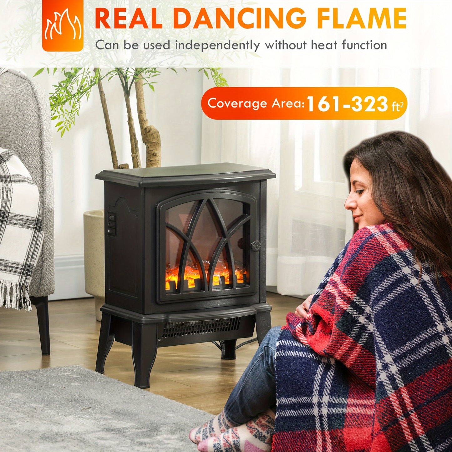 [Realistic Flame] HOMCOM Portable Electric Fireplace - 18" Freestanding Heater with Realistic Flame, Adjustable Power (750W/1500W) and Overheat Protection - Black