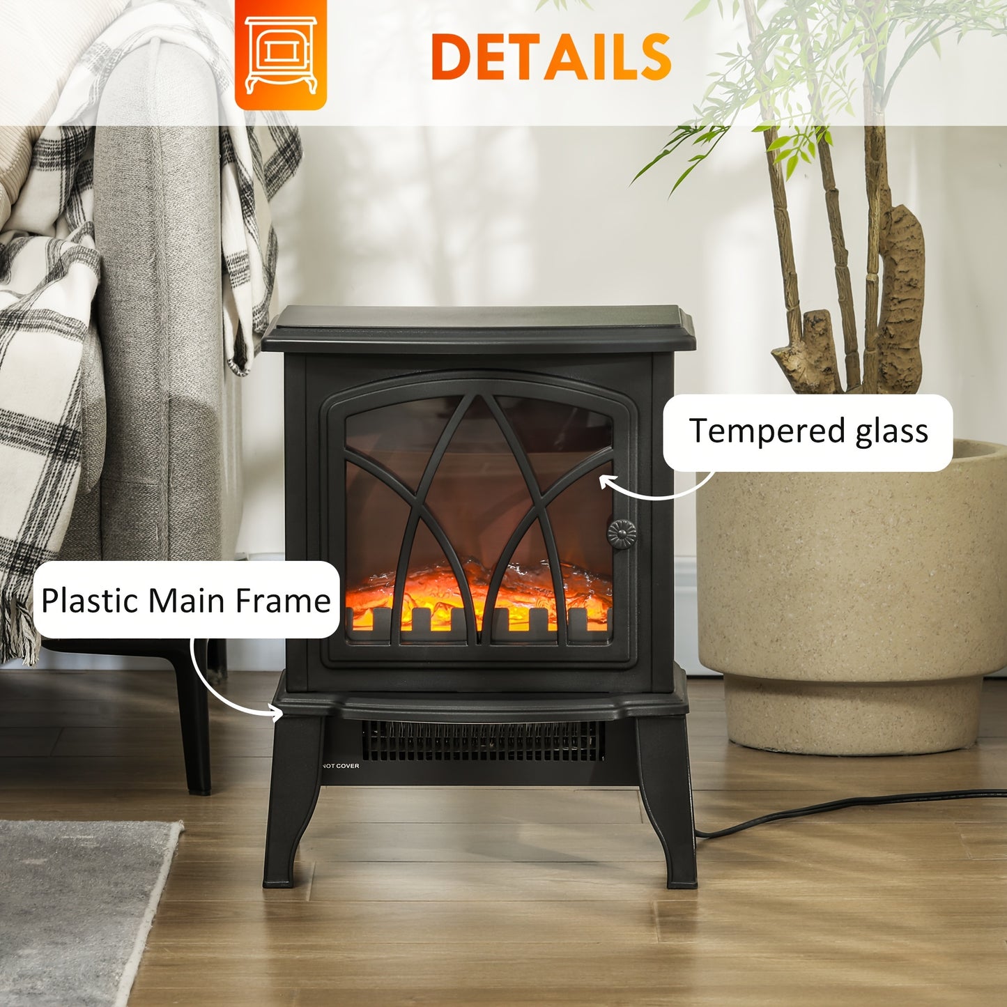 [Realistic Flame] HOMCOM Portable Electric Fireplace - 18" Freestanding Heater with Realistic Flame, Adjustable Power (750W/1500W) and Overheat Protection - Black